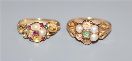 Two Victorian yellow metal and gem set cluster rings including one stamped 18ct gold (stones missing).